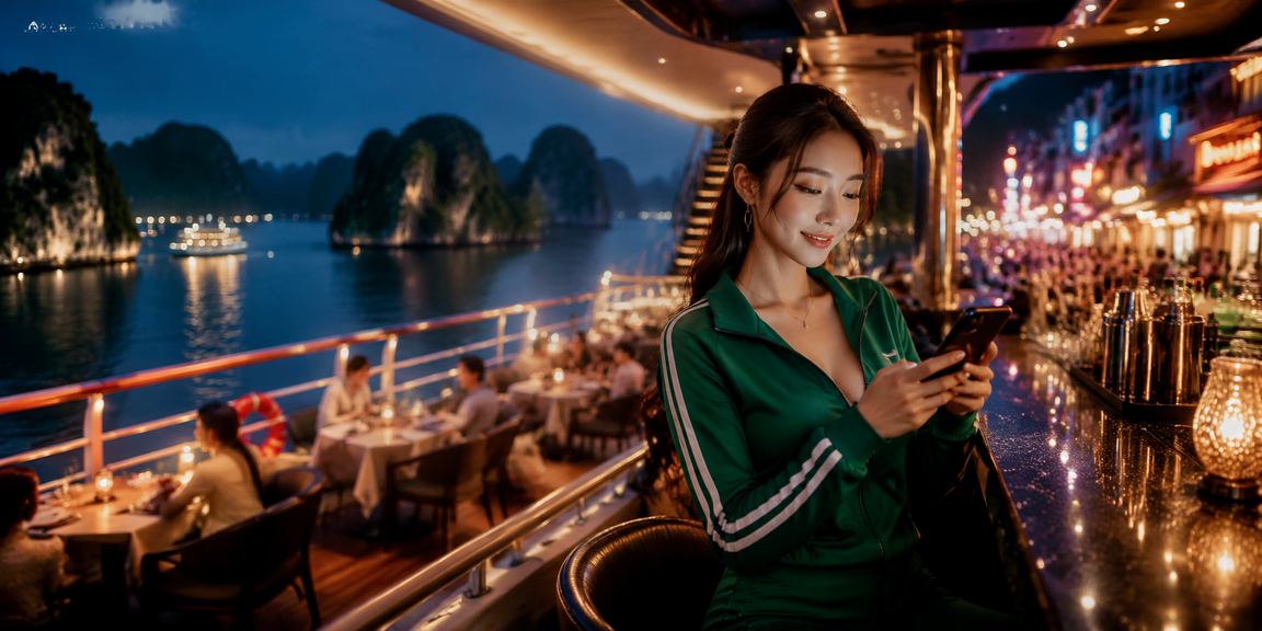 Người dùng truy cập casino di động 1301 với phong cảnh vịnh Hạ Long làm nền