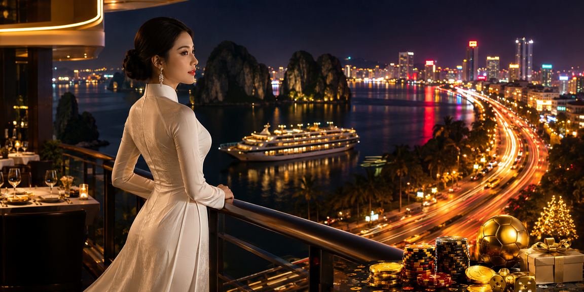 Người phụ nữ mặc áo dài đứng tại Vịnh Hạ Long, xem danh sách game VIP và ưu đãi bonus trên điện thoại